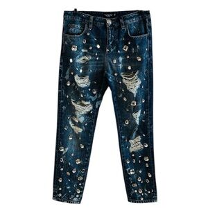 NEW $1848 Philipp Plein Crystal Embellished Distressed Boyfriend Jeans Size 27